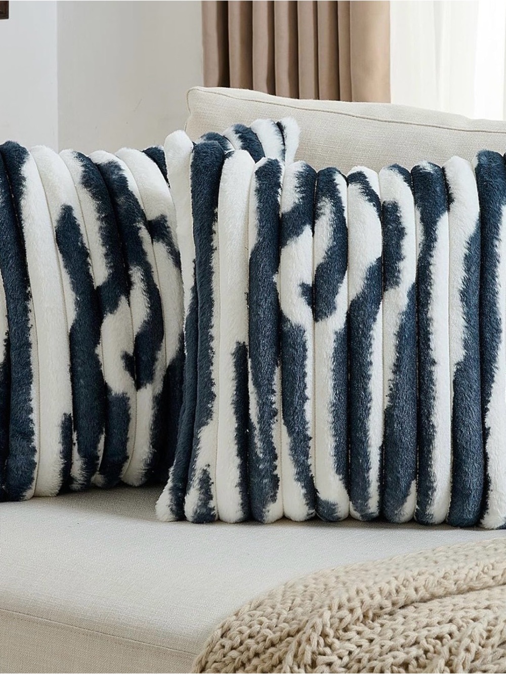 Plush Striped Accent Pillow Covers - White and Dark Blue